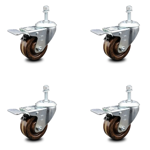 3 Inch High Temp Phenolic Swivel 12mm Stem Caster Set with Total Lock Brake